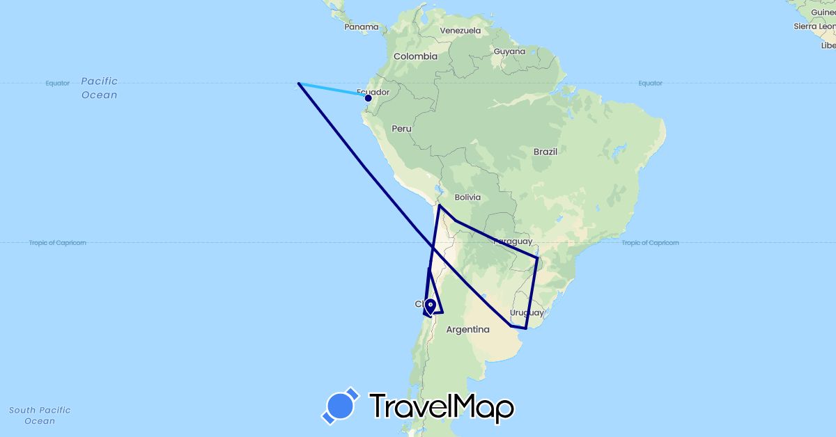 TravelMap itinerary: driving, boat in Argentina, Bolivia, Brazil, Chile, Ecuador, Uruguay (South America)